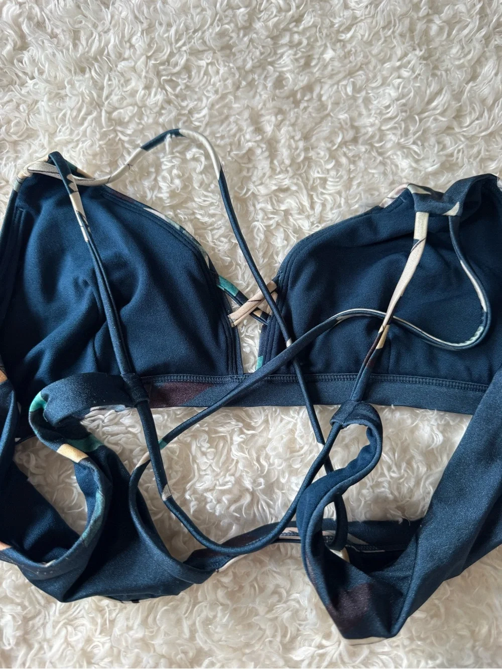 Athleta Aqualuxe Floradora navy blue floral Swimsuit bikini set crisscross top L